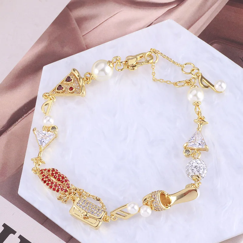 KS European and American New Exquisite Fashionable and Cute Flash Diamond Bag Cocktail Cup Pizza Pearl Multi-pendant Bracelet