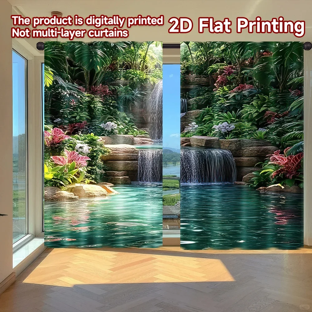 2D-Flachdruck, 2 Stück, Vorhänge, tropischer Wasserfall, Oase, digital bedruckte Polyester-Vorhänge, ganzjährig, Party- und Urlaubsdekoration für