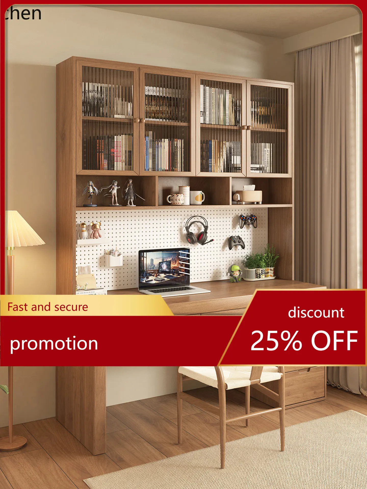 

CZ Walnut Solid Wood Computer Desk Bookshelf Bedroom Home Office Storage with Drawers Pegboard Desk