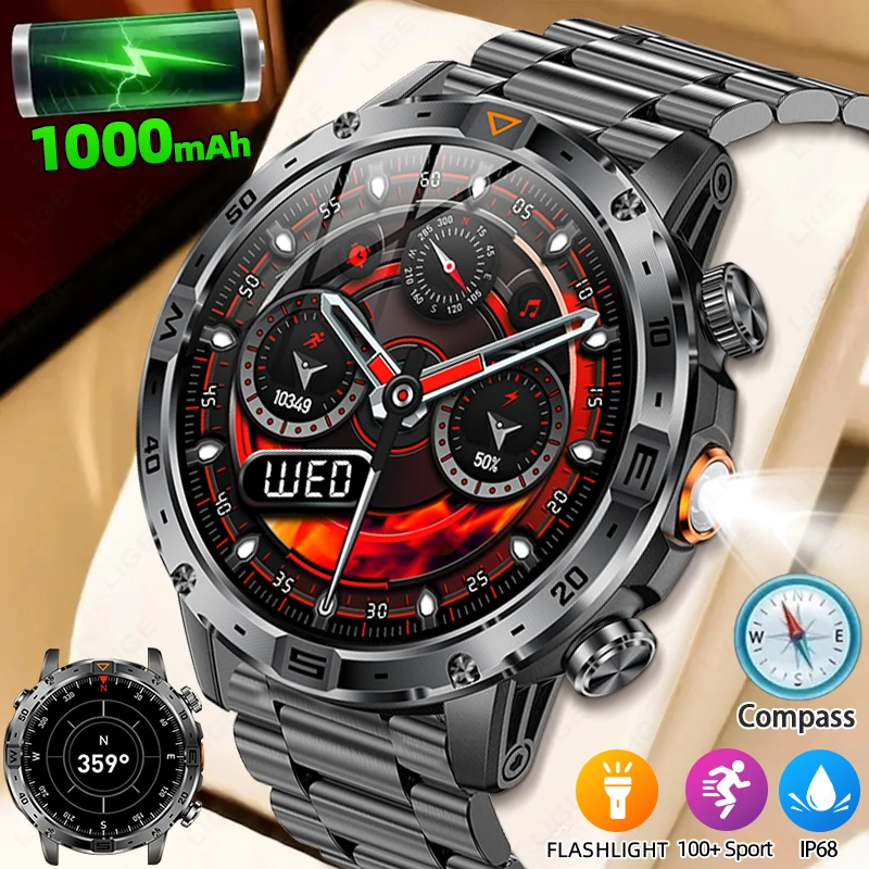 

Military 1000mAh Battery Smart Watch Compass LED Flashlight Smartwatch Man Waterproof Heart Rate Sport BT Call Smart Watches Men