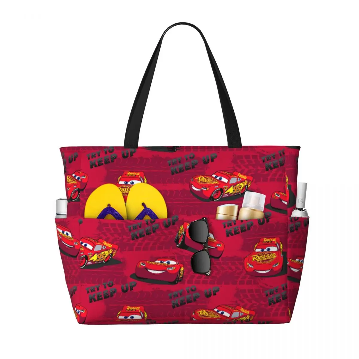 Custom Try To Keep Lightning McQueen Groceries Tote Shopping Bags Women Big Capacity Cars Racer Gym Beach Travel Bags