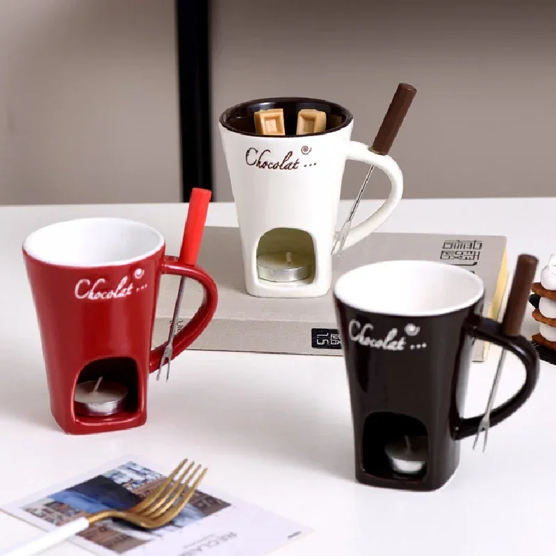 

European Candle Cup Cheese Chocolate Melting Ceramic Mug Heating Food Ceramic Mug with Fork Creative Coffee Mug 130ML