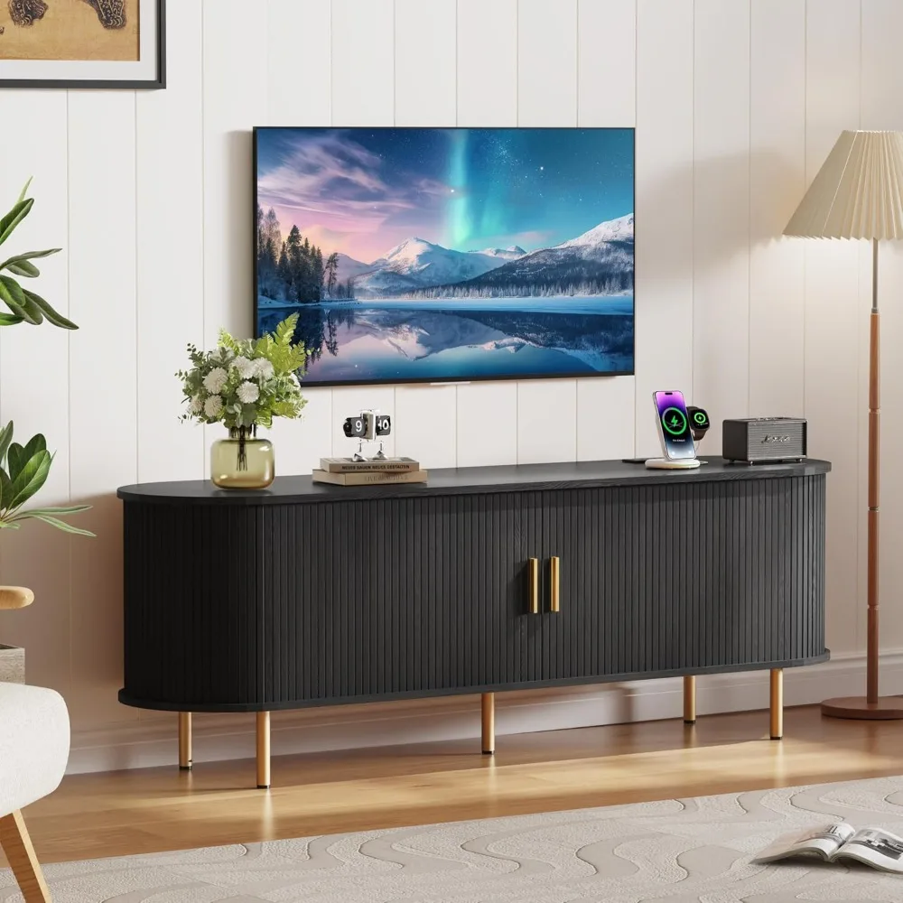 

TV stand cabinet with storage space, flute TV console entertainment center with adjustable storage rack, modern retro style