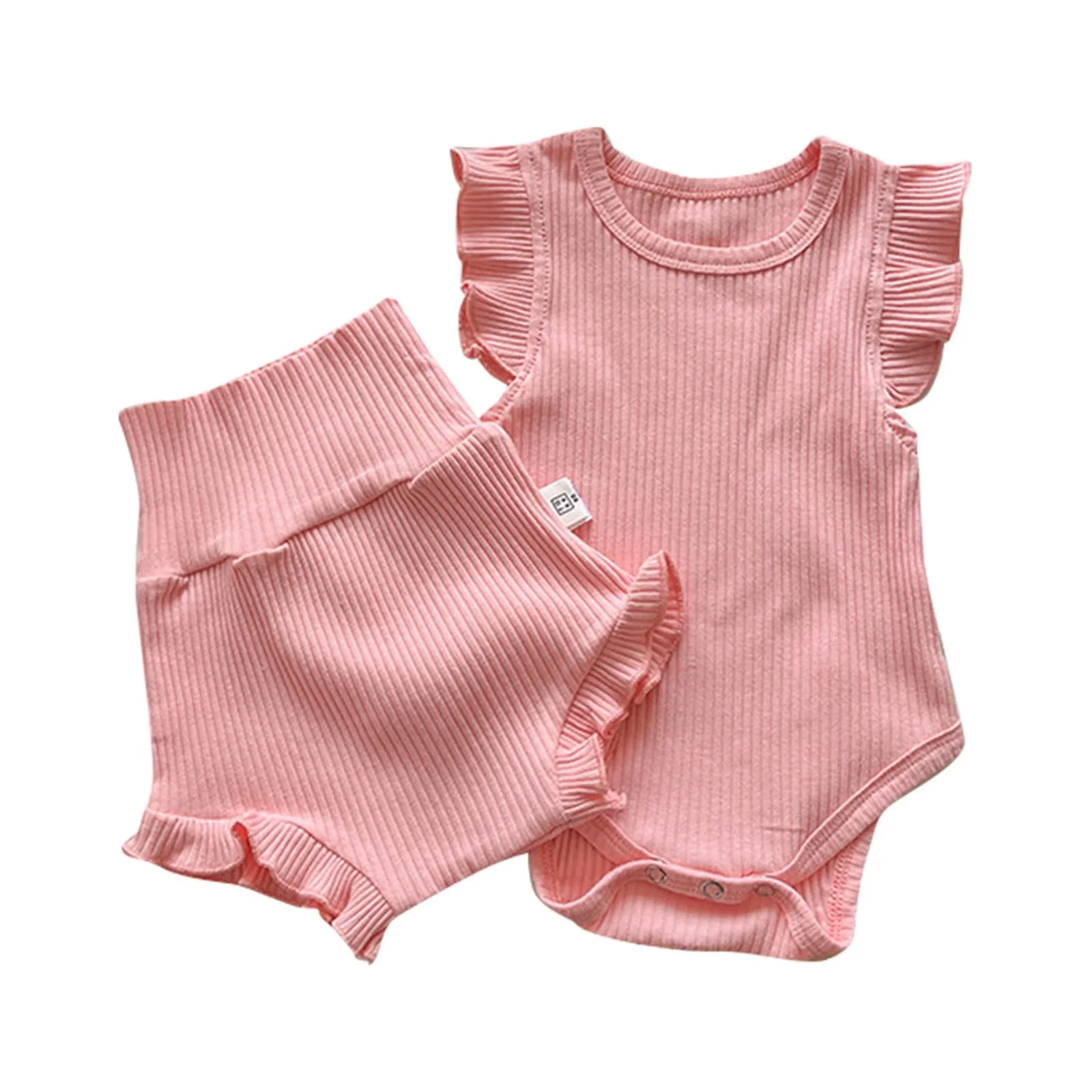 Summer Baby Suit Toddler Boys Girls Ruffle Romper+High Waist Shorts Solid Color Two Pieces Outfits Children\'s Home Clothes Set