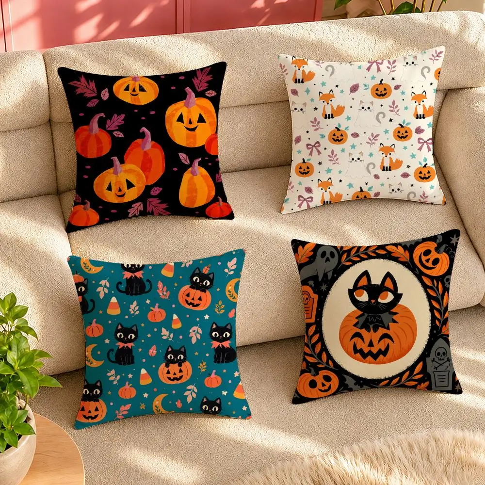 Folk Cat Pumpkin happy Halloween Cushion Cover Pillow Cover Decorative Throw Couch Home Decor for Living Room Sofa