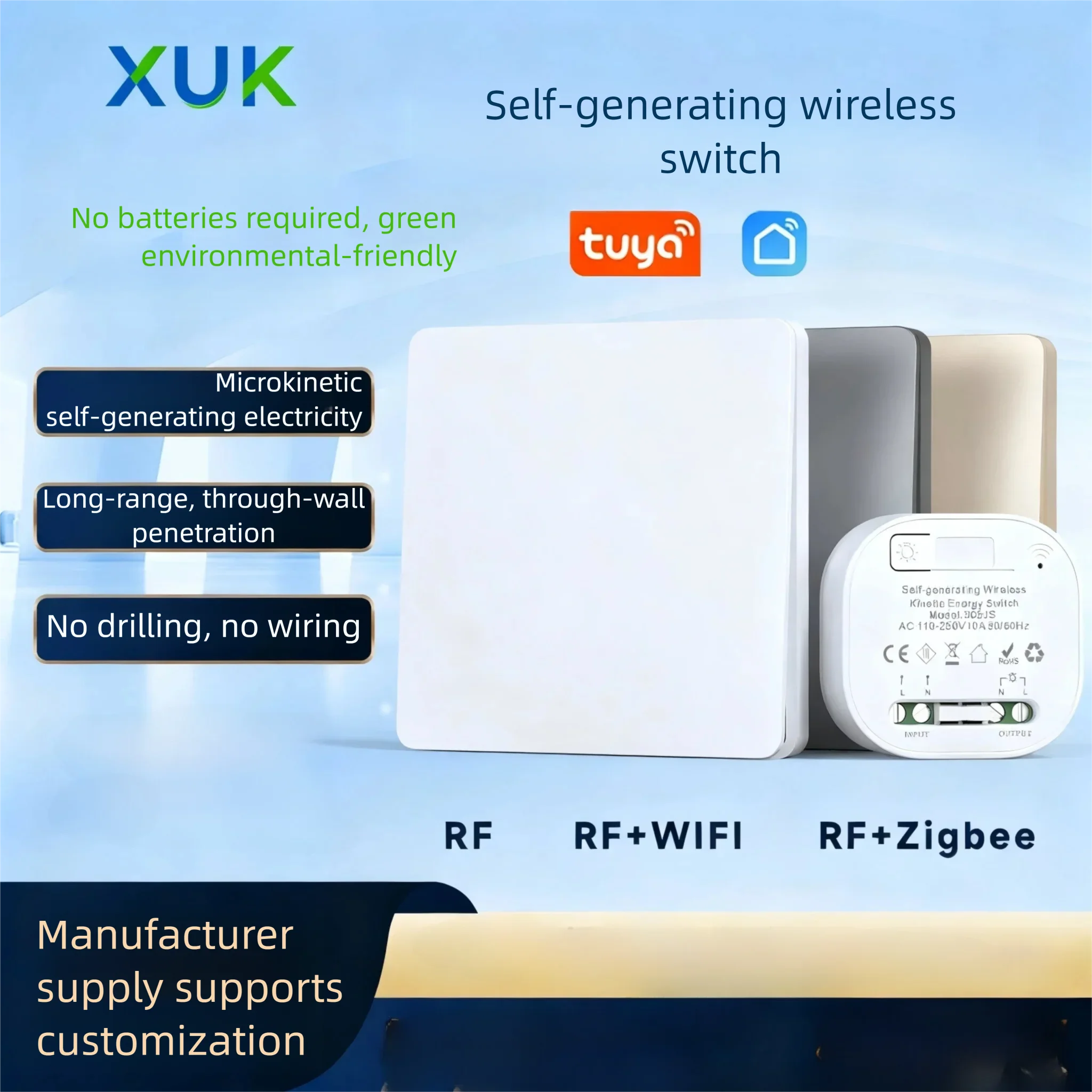 

XUK DIY Self-Powered Remote Control Switch, Wire-Free & Battery-Free Installation, Strong Signal