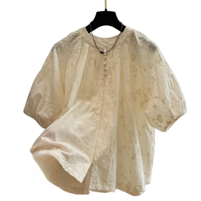 Women Round Neck Short Sleeve Blouses New Chinese Style Fashione Elegant Shirts Summer Temperament Loose Tops