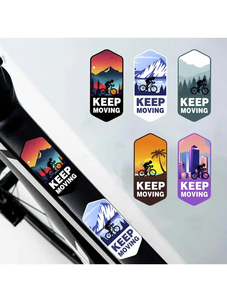 Autocollant de vélo de montagne KEEP MOVING 2 pièces-autocollant de cadre hexagonal imperméable, conception de paysage (montagnes, horizon de ville,