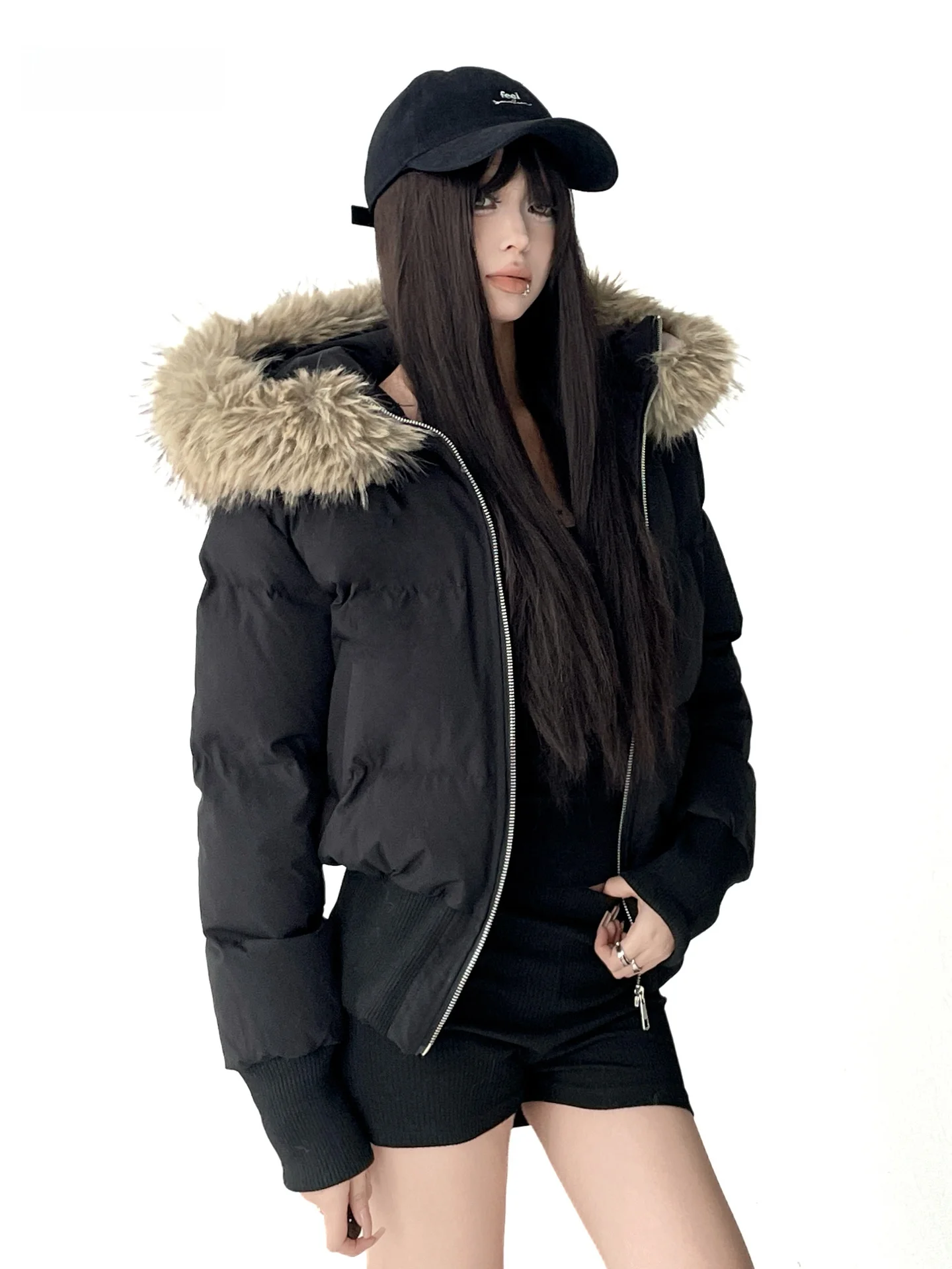 

Warm Detachable Fur Collar Hooded Cotton Jaet Women's Autumn Winter Versatile Outerwear American Design Sle Removable