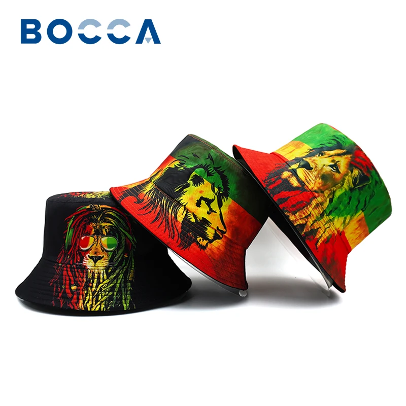 Bocca Rasta Style Bucket Hat Lion Cartoon Printing Pattern Fisherman Hats Double Sides Panama Cap For Men Women Outdoor Sun Caps