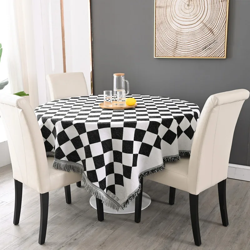 Custom Chenille Bigger Size Art Dining Tablecloths Living Room Cloth Cover Household Checkerboard Round Table Cloth