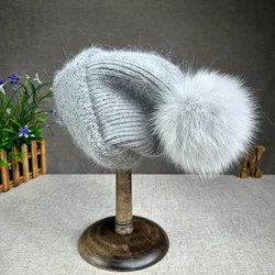 Korean version fox fur ball knitted hat for women's autumn and winter ear protection Angora rabbit fur flap plush woolen hat