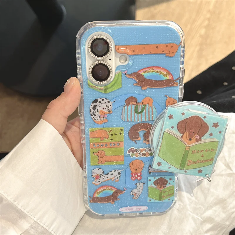 

Cute Blue Dachshund Dog Cartoon Phone Case For iPhone 17 16 15 14 Pro Max Magnetic Protective Cover For MagSafe Grip for Girls