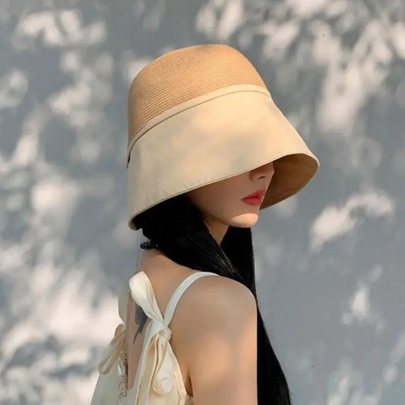 Japanese Style Women Summer Sun Hat Outdoor Straw Fisherman Hat Adjustable UV Protection Bucket Caps Wide Brim Panama Cap New