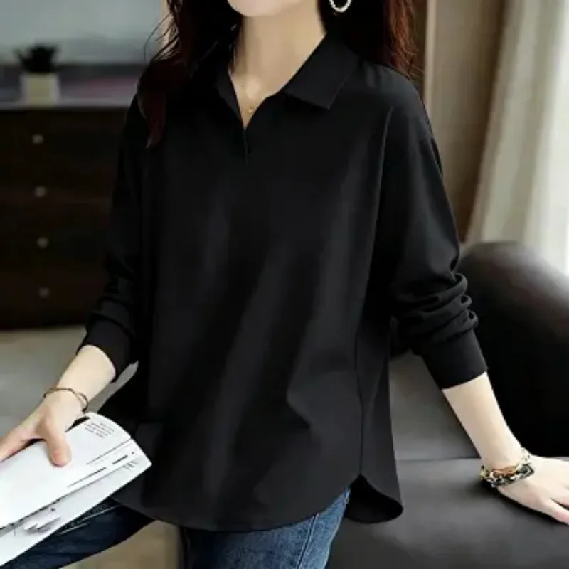Women Spring Autumn Solid Color Long Sleeve Polo Shirt Lapel V Neck Loose Plus Size Casual Blouse