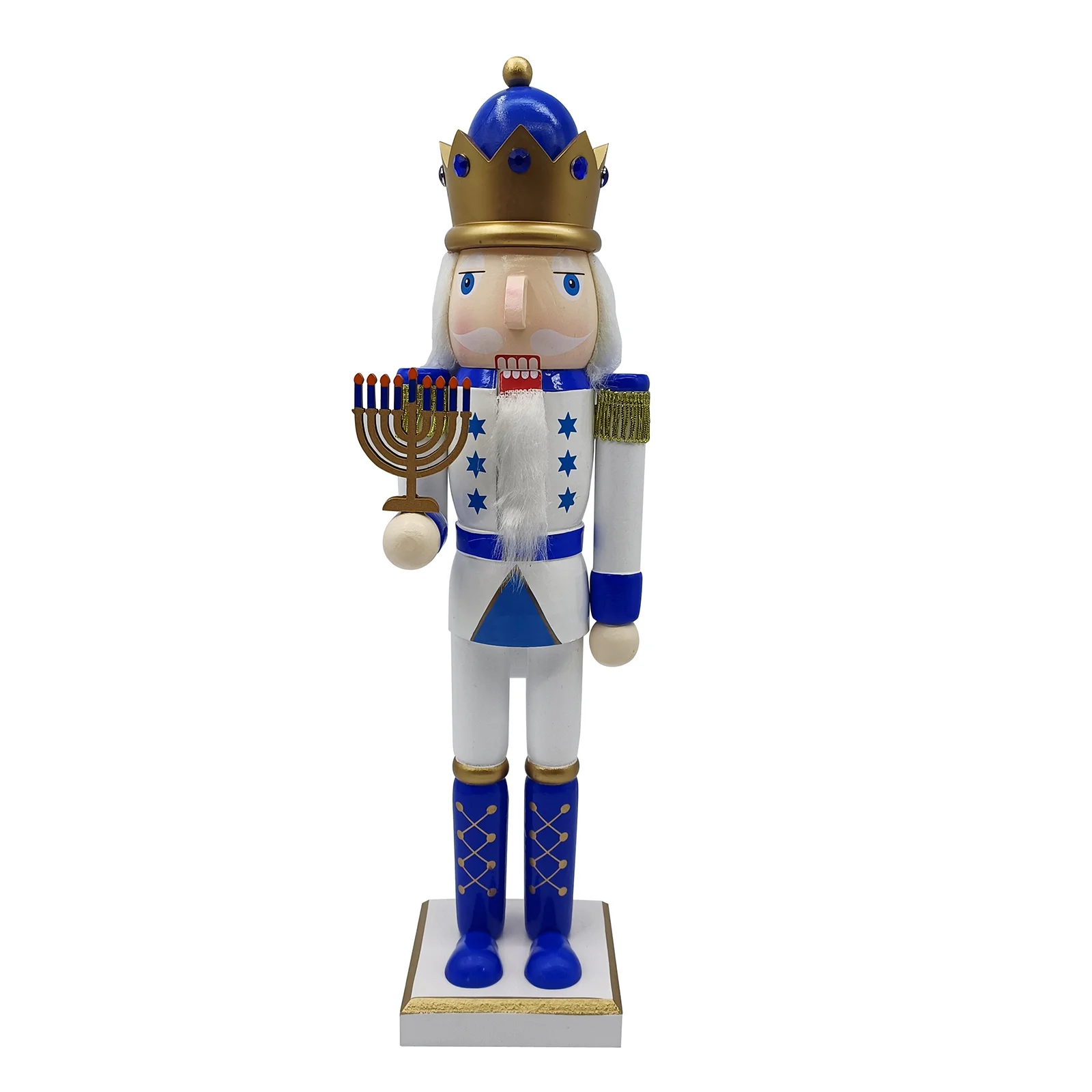 

38Cm Hanukkah Nutcracker Wooden Soldier Decoration Blue and White Traditional Judaica Holiday Centerpiece for Christmas