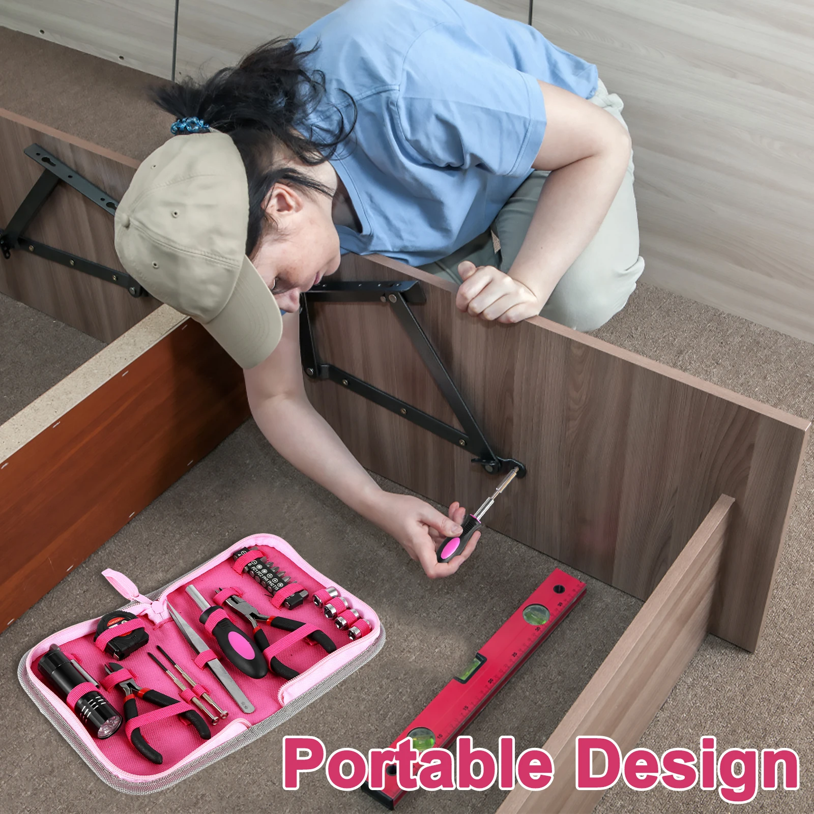 23Pcs Household Repair Tool Kit Multifunctional Pink Home Hand Tool Set with Storage Bag Portable Women Repair Tool Combination