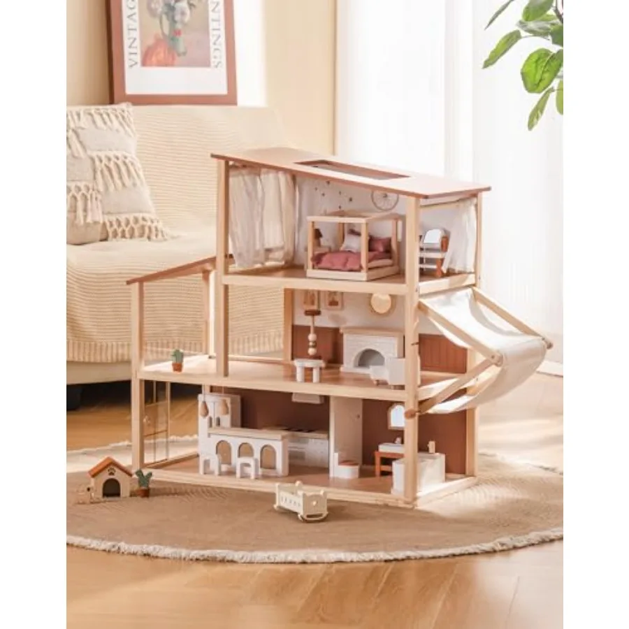 

Doll House - Wooden Bohemian Dollhouse for Ages 3+, Realistic Design in Natural Wood Tone, Includes 37 Furniture Accessories Pi