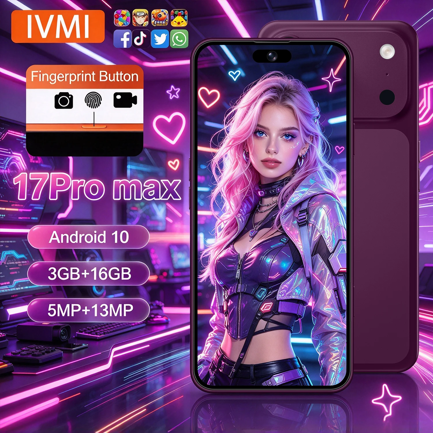 هاتف IVMI Global 17Pro Max الذكي، ذاكرة وصول عشوائي 3 جيجابايت + ذاكرة تخزين داخلية 16 جيجابايت، نظام أندرويد، فتح قفل بالبصمة والوجه، شريحتي اتصال، رخيص، مزود بنظام تحديد المواقع العالمي (GPS)، متجر 