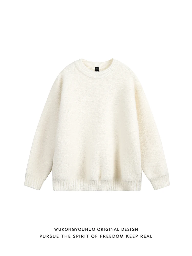 

Теплый вязаный свитер с круглым вырезом для мужчин, свободный базовый топ из искусственного меха норки, молодежный, однотонный, осенне-зимний, модный