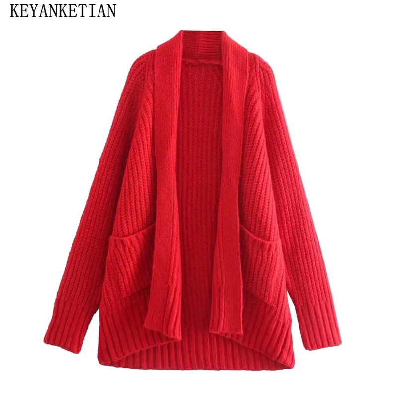 

KEYANKETIAN 2024 Autumn/Winter New Women's Red Knit Cardigan Simple style Pockets Loose Mid-length Coarse Yarn Sweater Outerwear