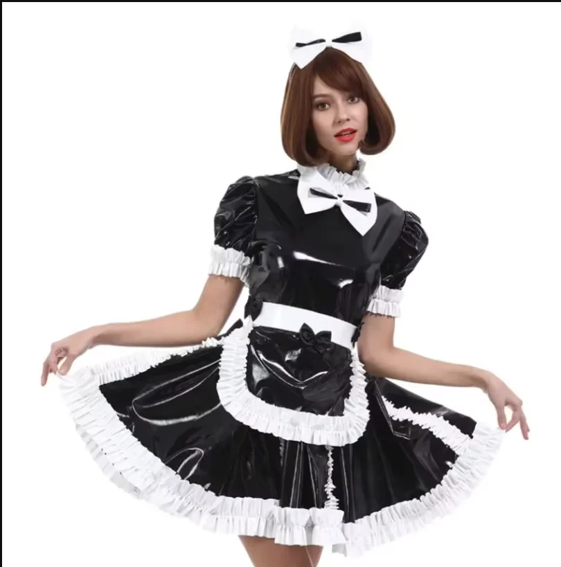 

Sissy Color Blocking Lockable PVC Cross Dressing Role-playing Maid Gothic Bow Dress with Blue and Red Stitched Large Skirt