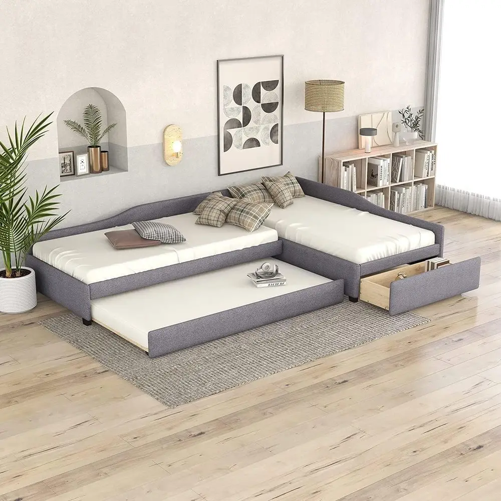 

L-Shaped Upholstered 2 Twin Beds with Trundle and Storage, Suitable for Kids' and Teens' Bedroom, Grey