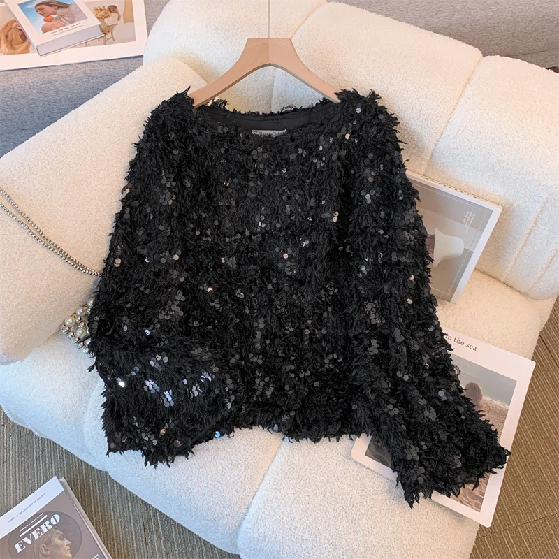 Elegant Sequined Feather Blouse Women Spring Autumn Party Tops and Blouses Long Sleeve Shirt Blusas Mujer