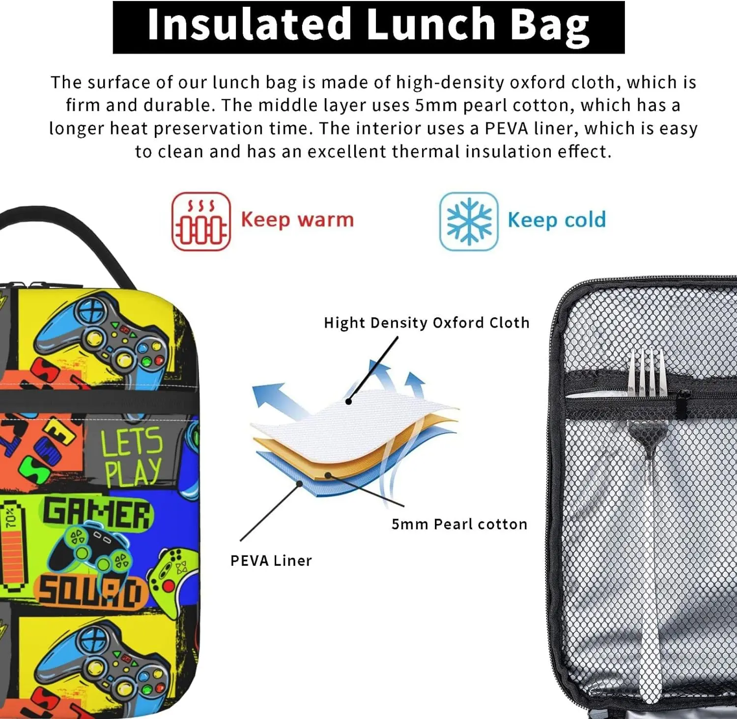 Insulated Lunch Box Boys Portable Game Lunch Bag Blue Waterproof Lunchbox with Detachable Handle for School Travel Picnic Hiking