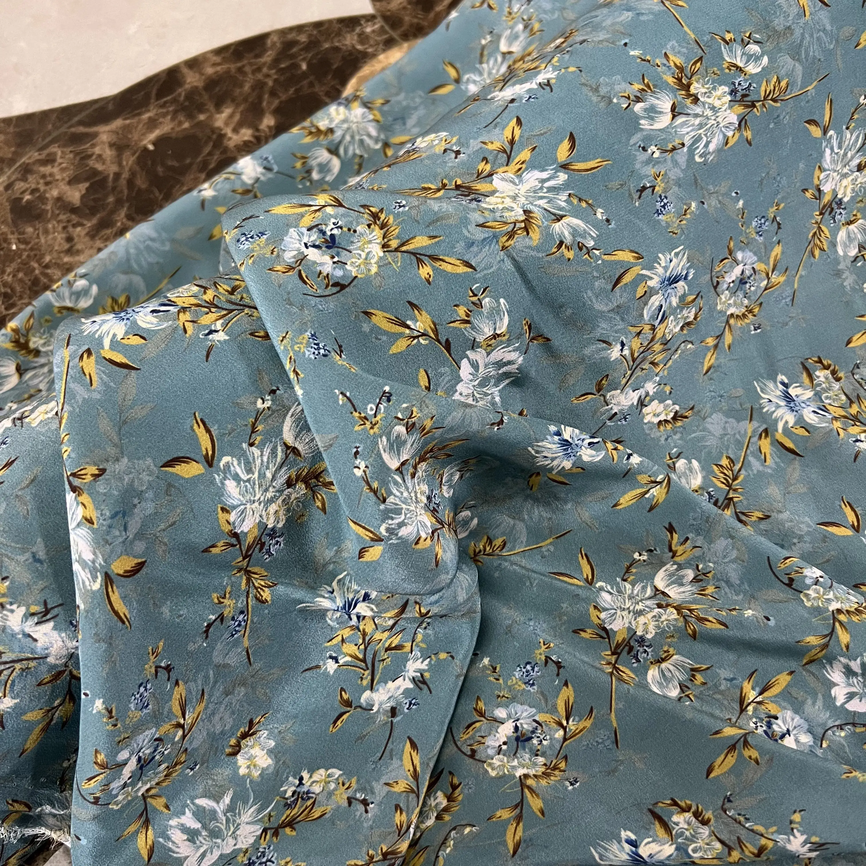 1 meter 100% Mulberry Silk 15 momme Crepe Silk Fabric Gray Blue Color Small Floral Printed 140cm 55" wide by the yard XX322