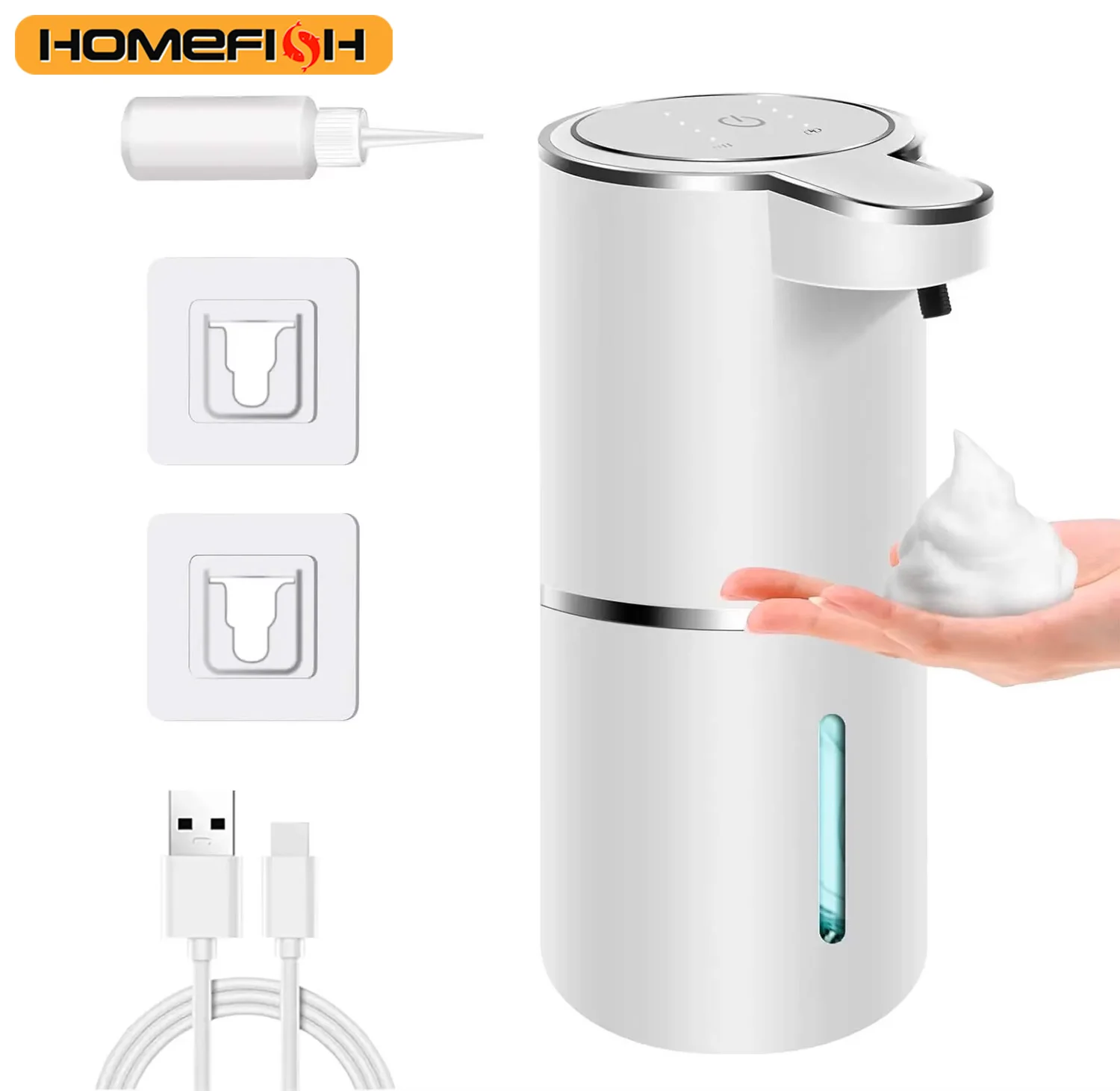 Dispenser di Sapone Automatico HOMEFISH Senza Contatto, Erogatore di Sapone Schiumogeno 380ml Ricaricabile USB, 4 Livelli Regolabili