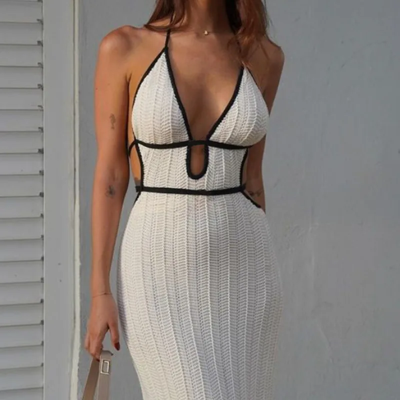 Lady Sexy Halter Deep V Waist Beach Dress Casual Color Blocked Sleeveless Robe Dresses Summer Beach Vacation Knitted Long Dress