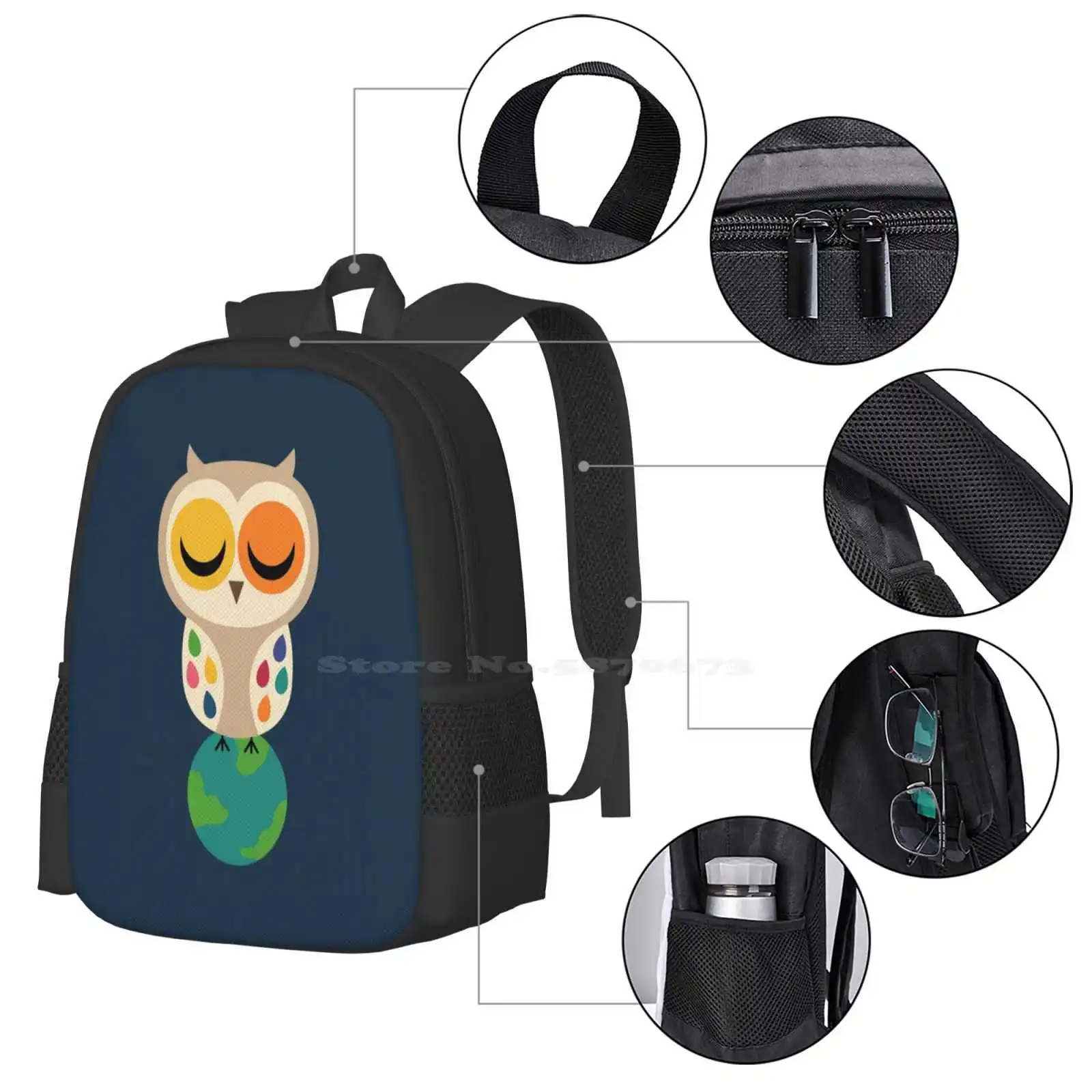 Owl Spirit Teen College Student Backpack Pattern Design Bags Owl Spirit Positive Day Night Earth Sun Moon Animals Cute Happy