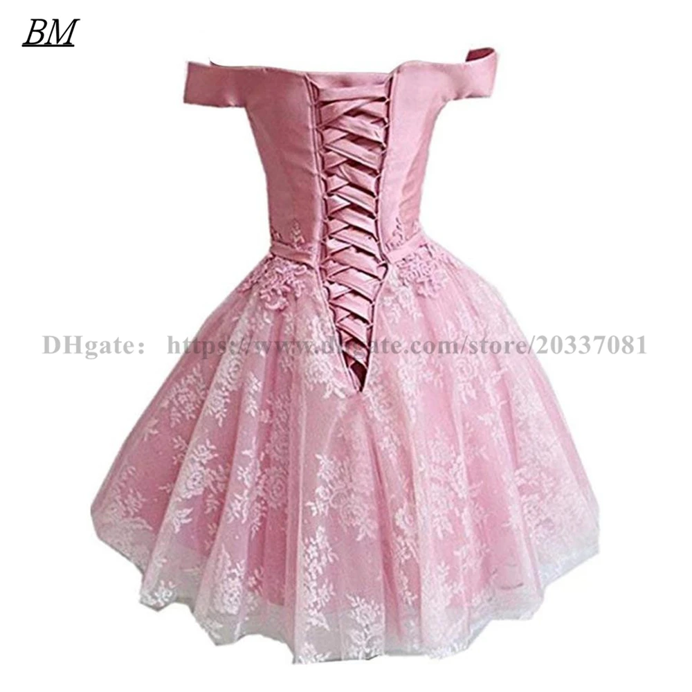 Off Shoulder Short Homecoming Dresses Pink Tulle Balls Gown Beaded Princess Mini Cocktail Prom Party Graduation Gown BM396