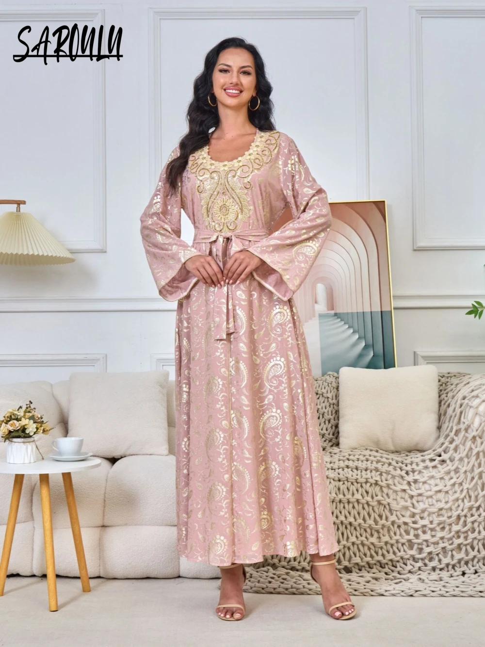 Pink Beaded Evening Dress Moroccan Takchita Gilding Elegant Festival Party Robe Luxurious Customized In Stock Fashion Prom Gown