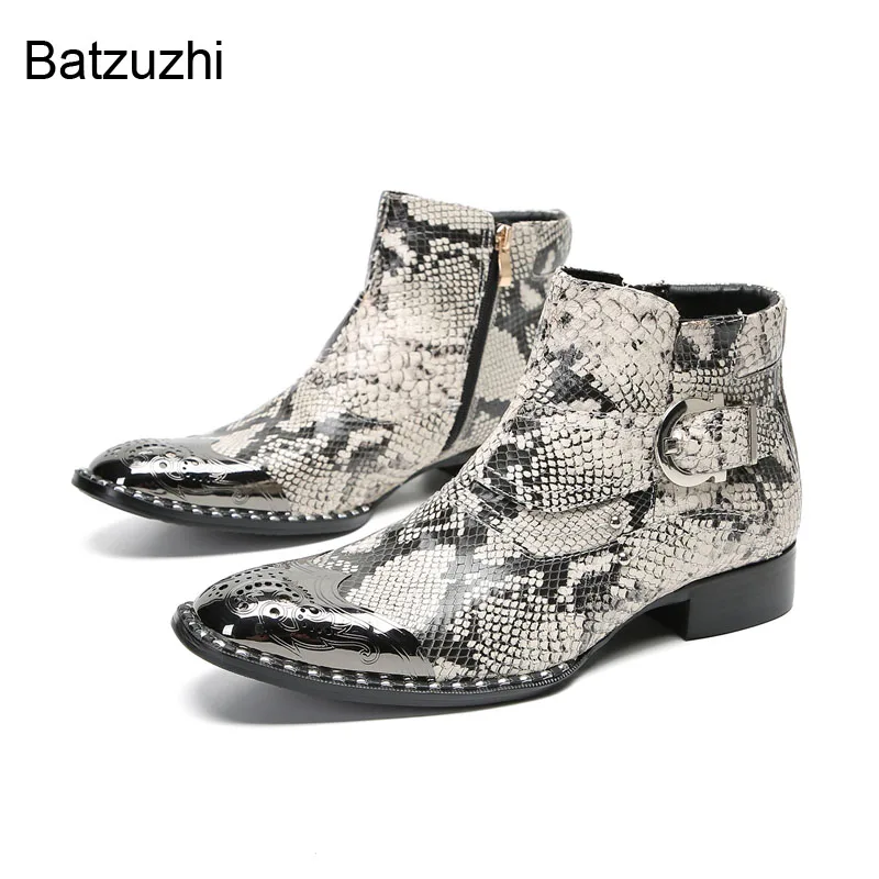 

Batzuzhi Elegant Men's Boots Shoes Silver Metal Toe Snake Pattern Leather Ankle Boots Men Zip Business, Party Botas Footwear!