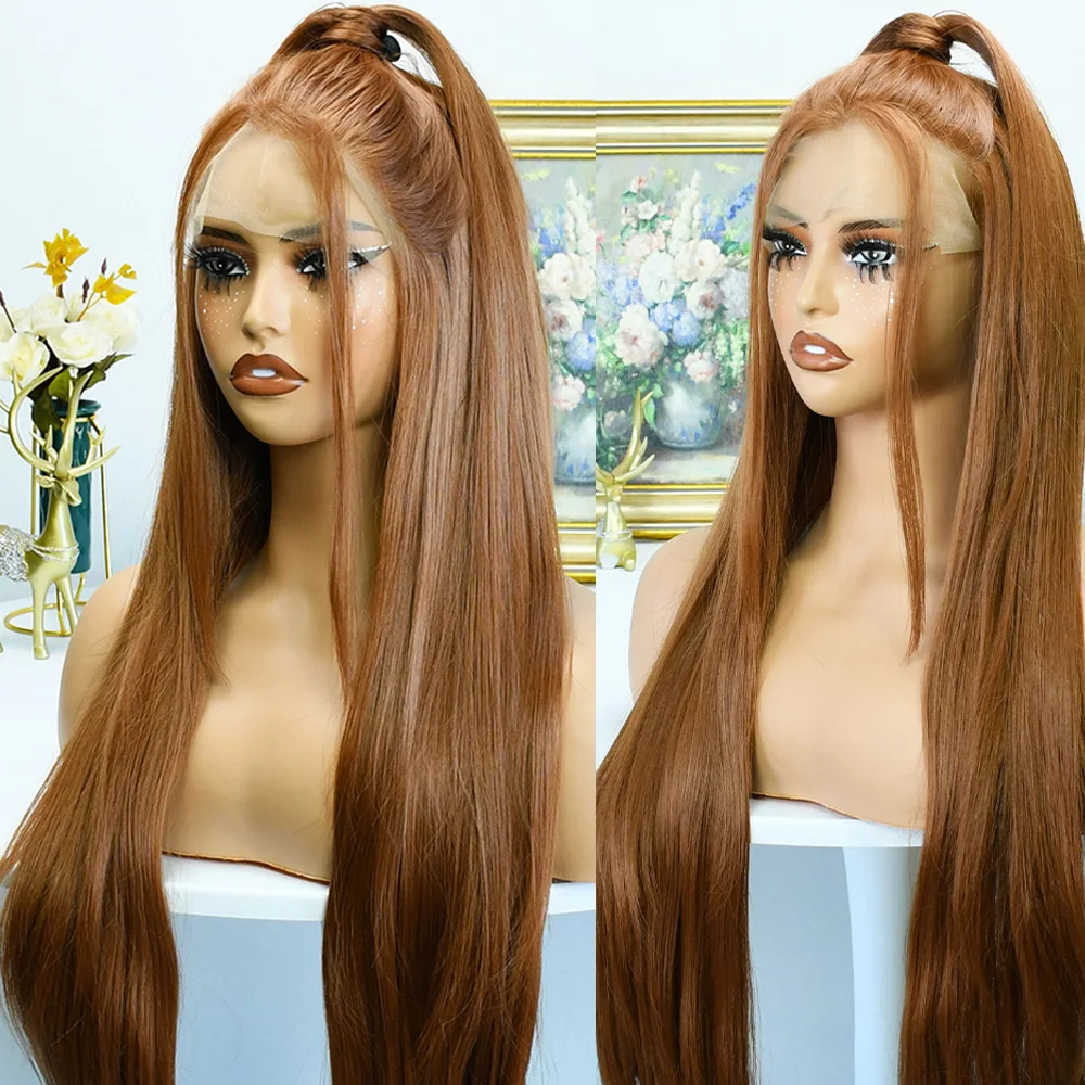 Светло-коричневый парик 13x4 Синтетический кружевной передний предварительно сорванный 30-дюймовый длинный прямой бесклеевой шоколадный светло-коричневый парик для чернокожих женщин