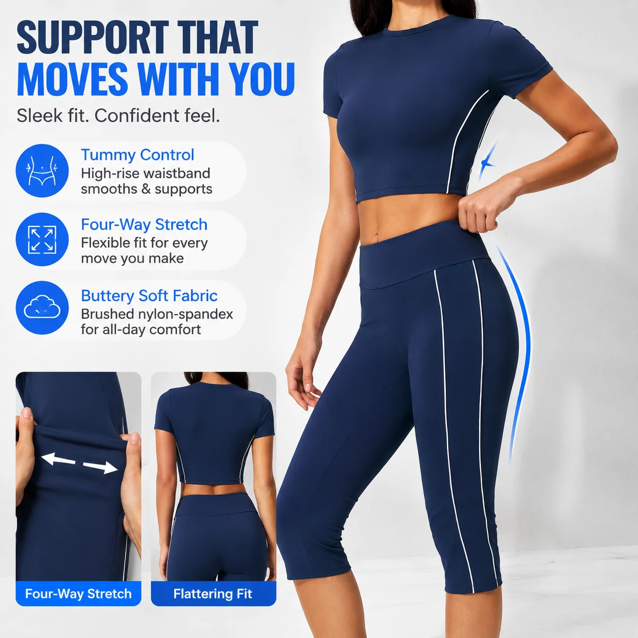 Short Sleeve Crop Top and Capri Leggings Set Women High Waist Contrast Piping Gym Workout Yoga Suit Athletic Outfit