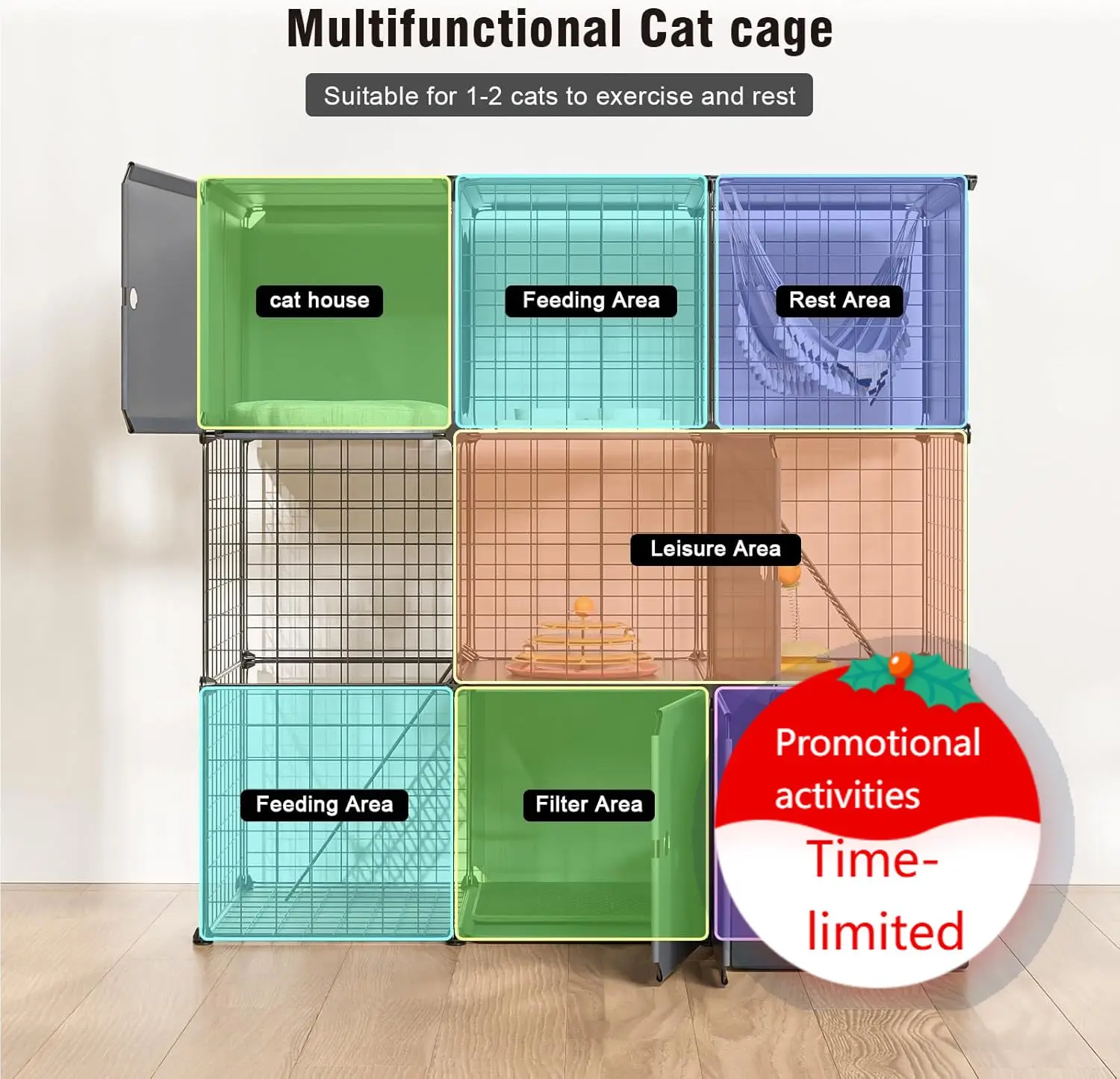 

3-Tier Large Cat Enclosure Indoor & Outdoor with Litter Box, Detachable Multifunctional Catio Playpen - DIY Metal Wire Kennel Ca
