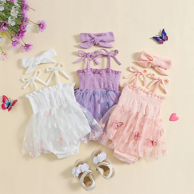 

Newborn Girl Tie-up Sleeveless Pleated Butterfly Tulle Patchwork Romper Dress with Hairband Summer Girls Bodysuits Clothes