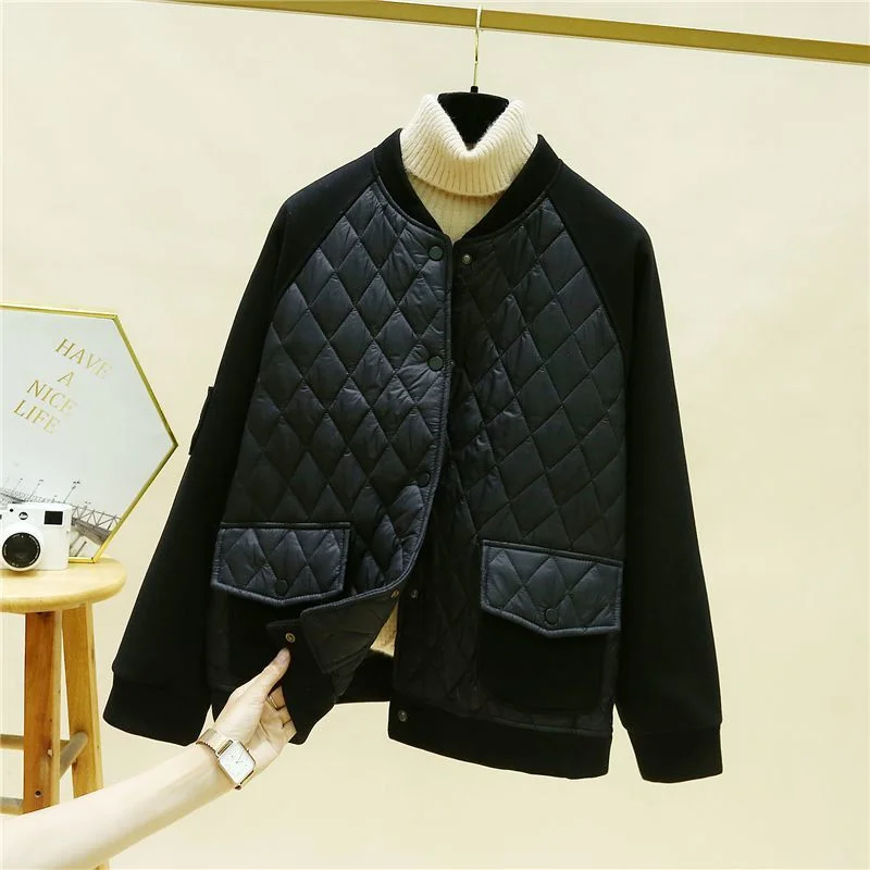 

Winter 2023 Female New Loose Coat Slim Fashion Stand Neck Baseball Jacket Women Short Warm Diamond Down Cotton Coat Cardigan