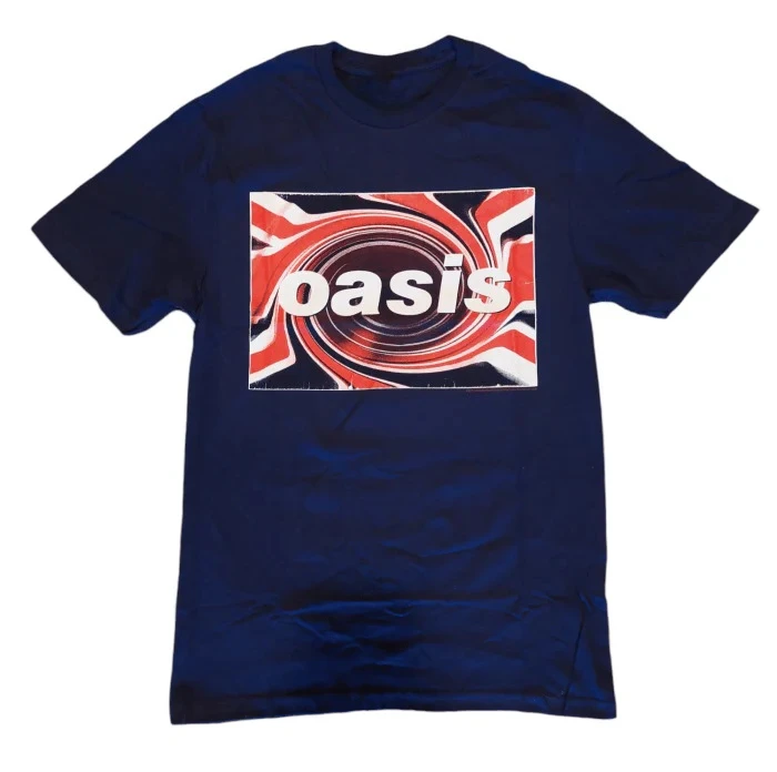 تي شيرت Oasis Union Jack Swirl، تي شيرت روك للرجال، مثالي للمعجبين الذين يحبون فن Britpop وتصميم العلم البريطاني