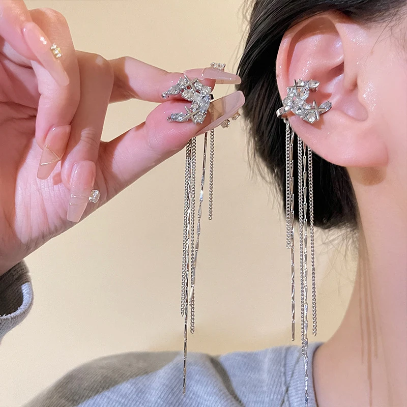 Glamorous Shiny Zircon Moon Star Long Tassel Ear Clip, No Piercing Necessary, Trendy Ear Cuff for Ladies Party