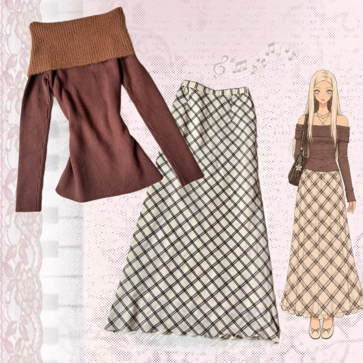Coquette Y2K Women Cream Diamond Plaid Maxi Skirt Elastic Waist Ruffle Hem Loose A‑Line Long Casual Skirt