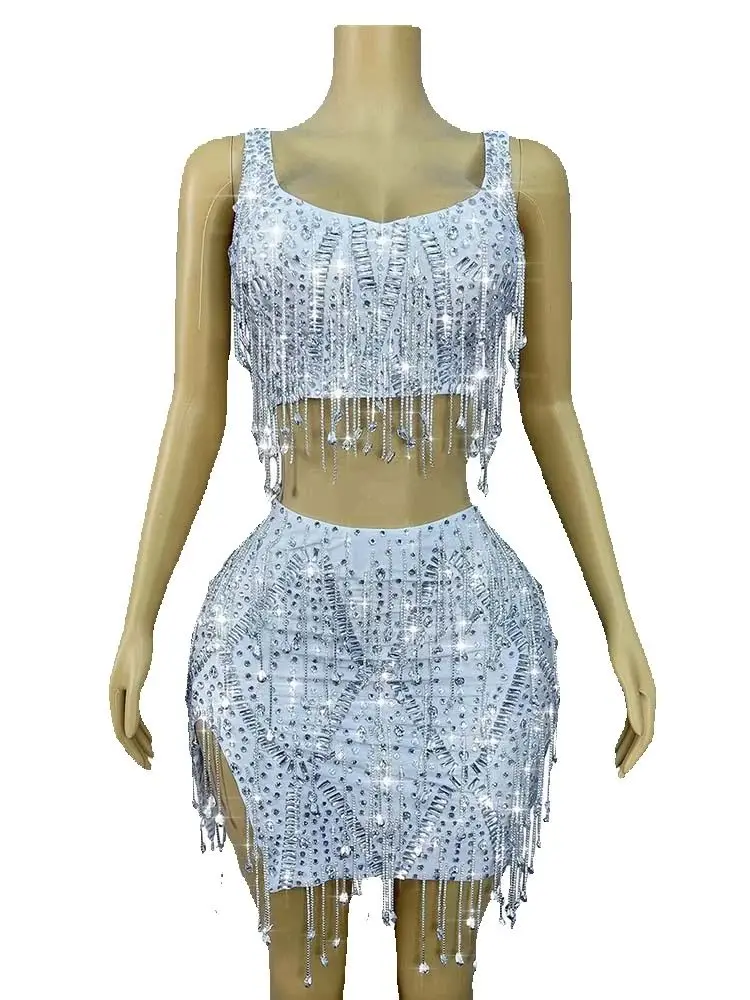 Wysokiej jakości zestaw: top na ramiączkach z kryształkami i spódnica, nowa modna odzież damska na zamówienie, kolekcja 2025