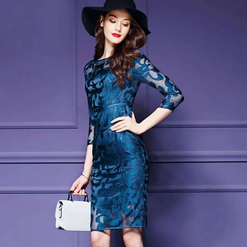 

Dress Female 2023 Spring and Autumn European Lace Dress Women Mid length Long Sleeve Slim O Neck Wrapped Hip Lace Dress Female