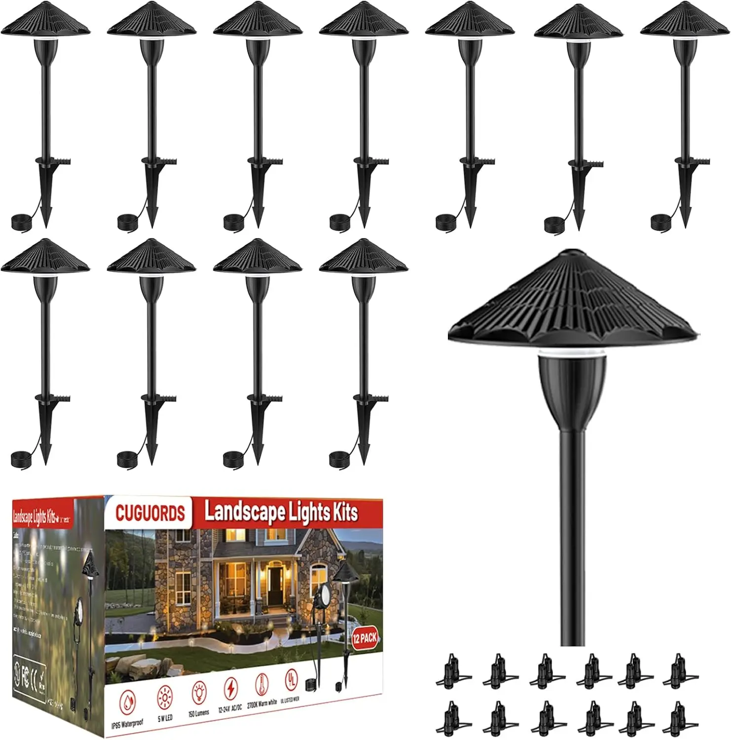 oltage Pathway Lights,Outdoor Wired LED Landscape Path Lights,AC/DC 12-24V UL Listed Cord Cast-Aluminum Waterproof,2700K Low Vol