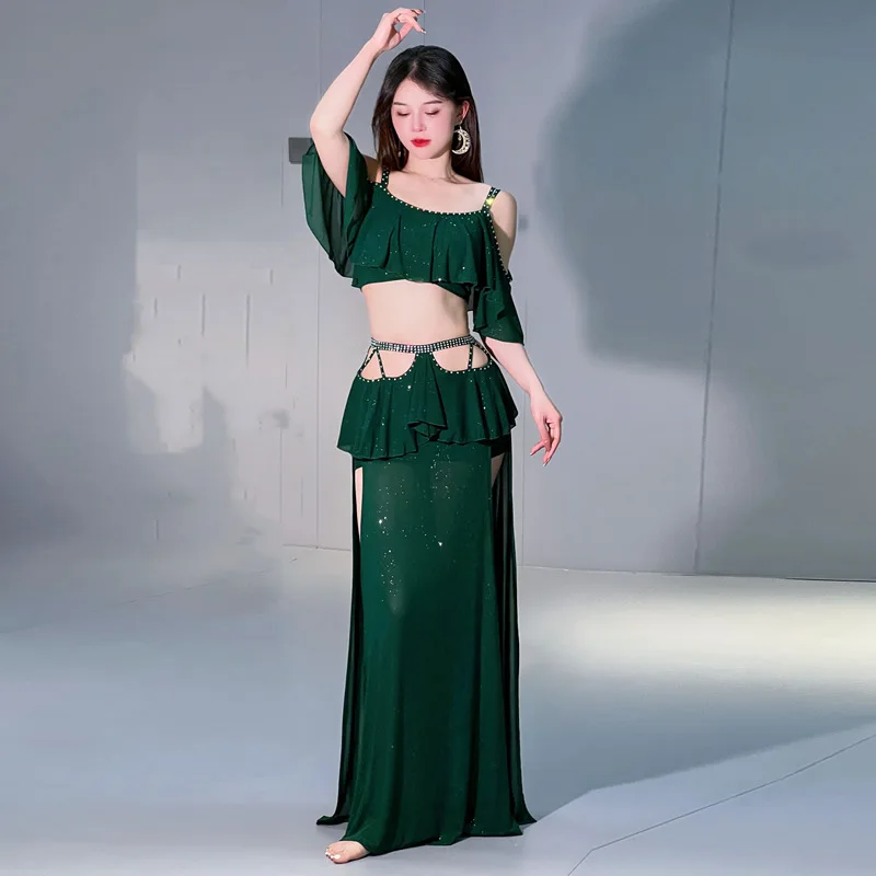 Belly Dance Clothing 2023 New Autumn Winter Mesh Short Sleeves Top+long Skirt 2pcs Oriental Training Suit Women Bellydance Set