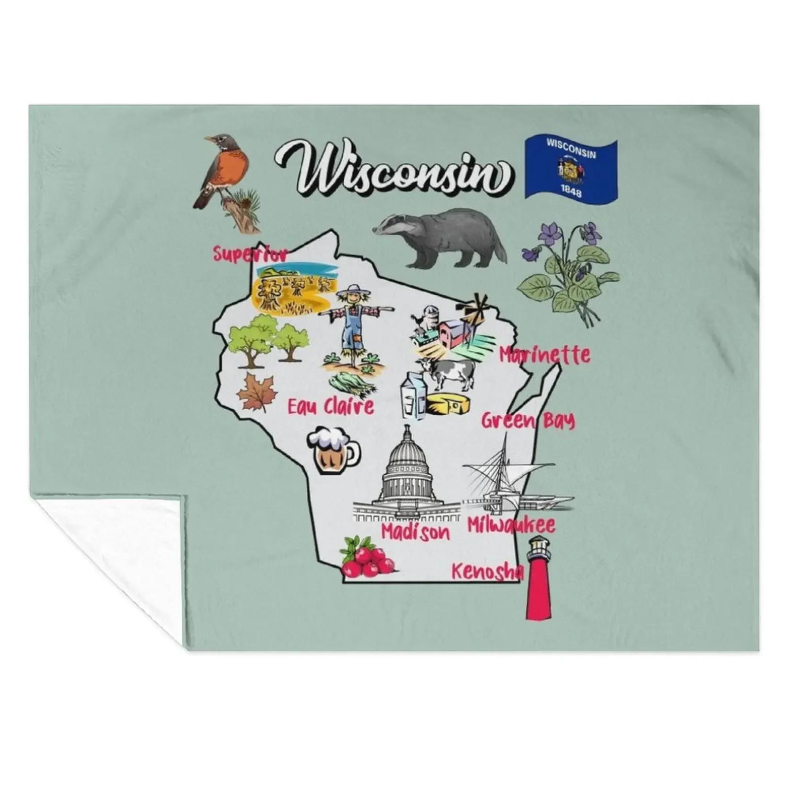 

Hand Drawn Illustration of Wisconsin Map with Tourist Destinations, attractions, USA Throw Blanket Soft heavy to sleep Blankets