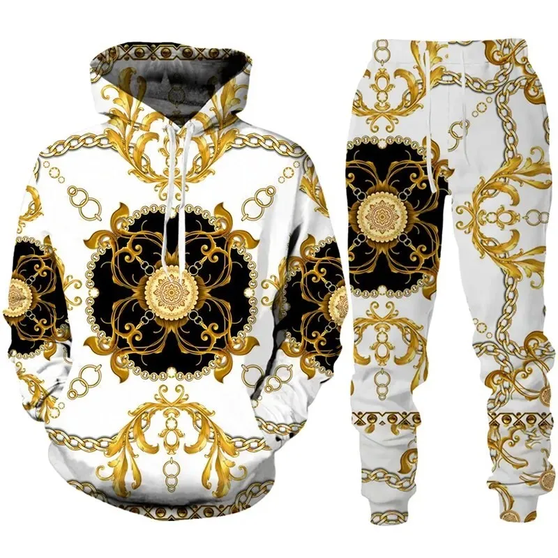 2023 New Fashion Luxury Golden Pattern Hoodie 3D Print Hooded Sweatshirt Pleasure Sportswear Trousers Suit Streetwear Clothing